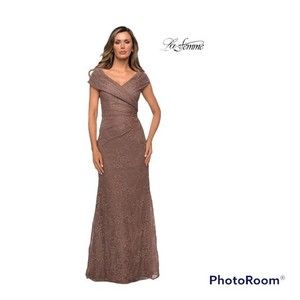 LA FEMME Cocoa Evening Gown Lace Formal 27982 Size 14